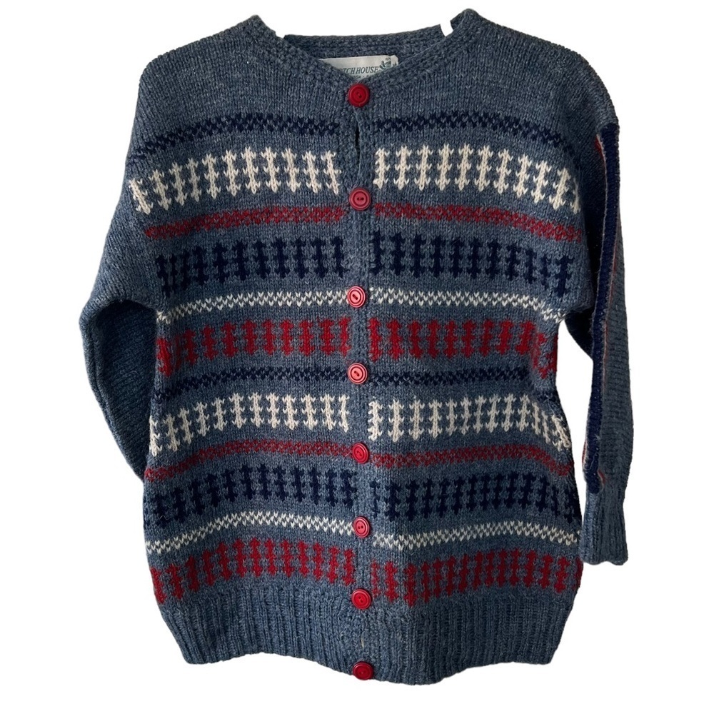Vintage The Scotch House Fair Isle Wool Cardigan Sweater  Gray Red GUC 3T/4T